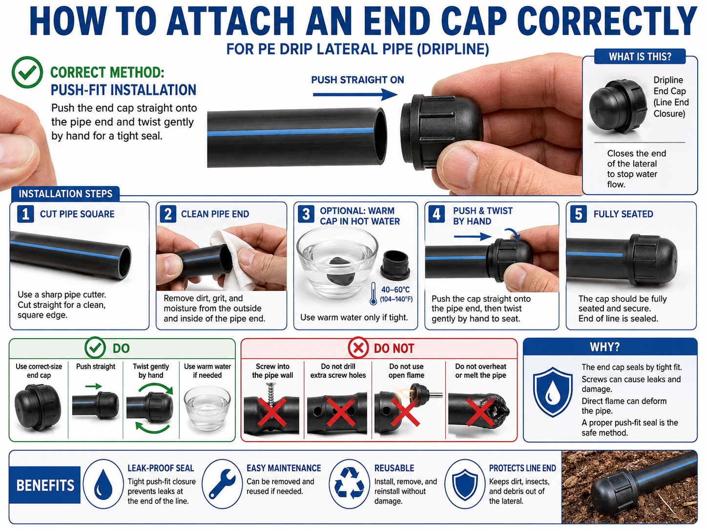 End Cap / Line End Closure for Drip Irrigation Pipe