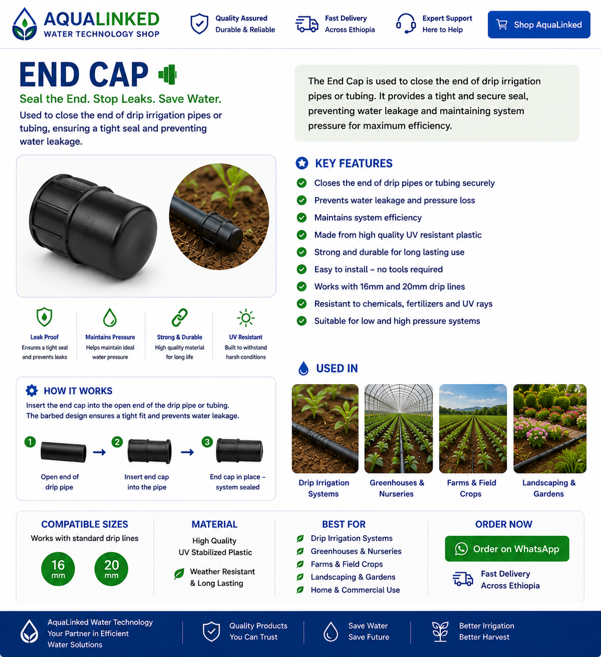 End Cap / Line End Closure for Drip Irrigation Pipe