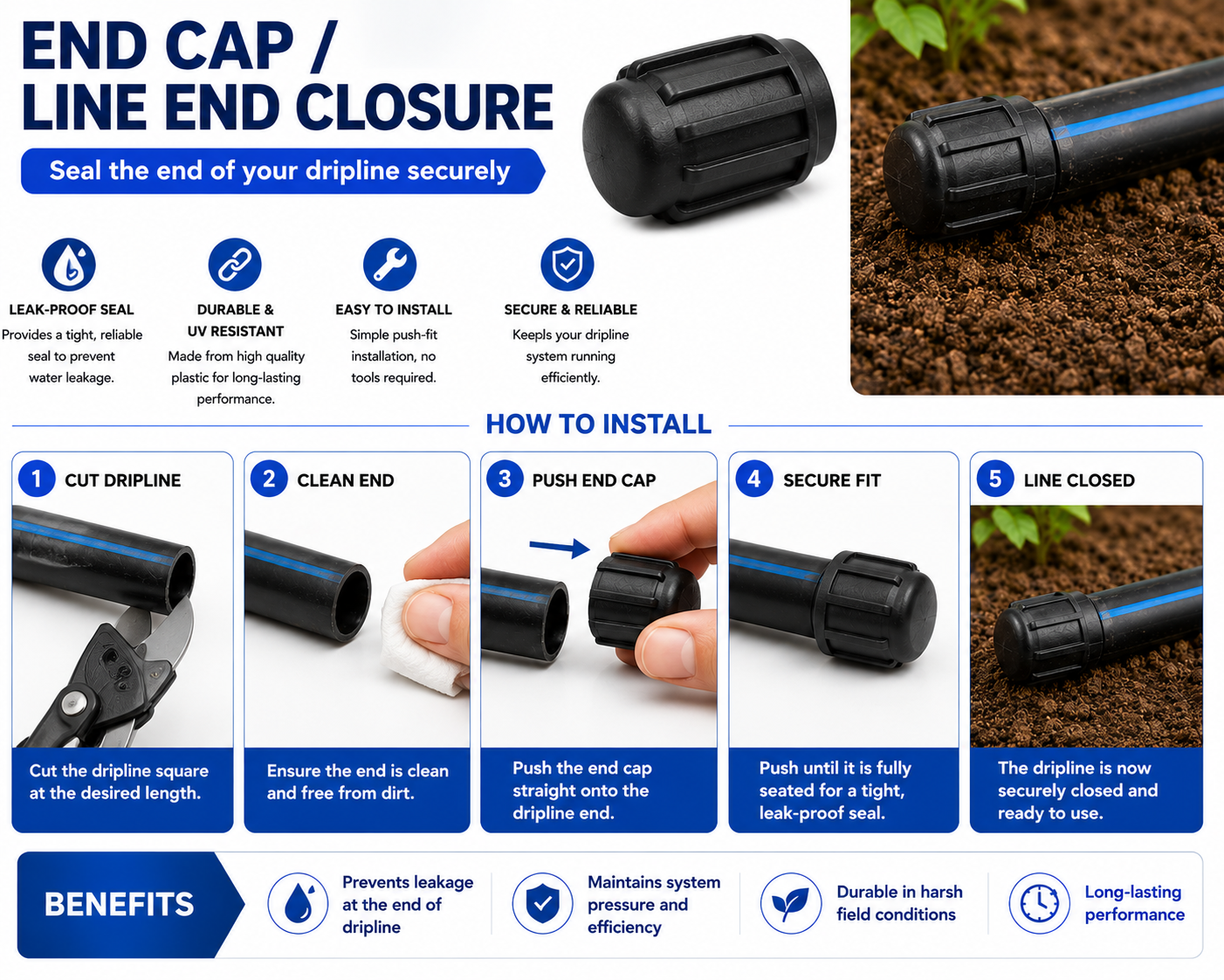End Cap / Line End Closure for Drip Irrigation Pipe