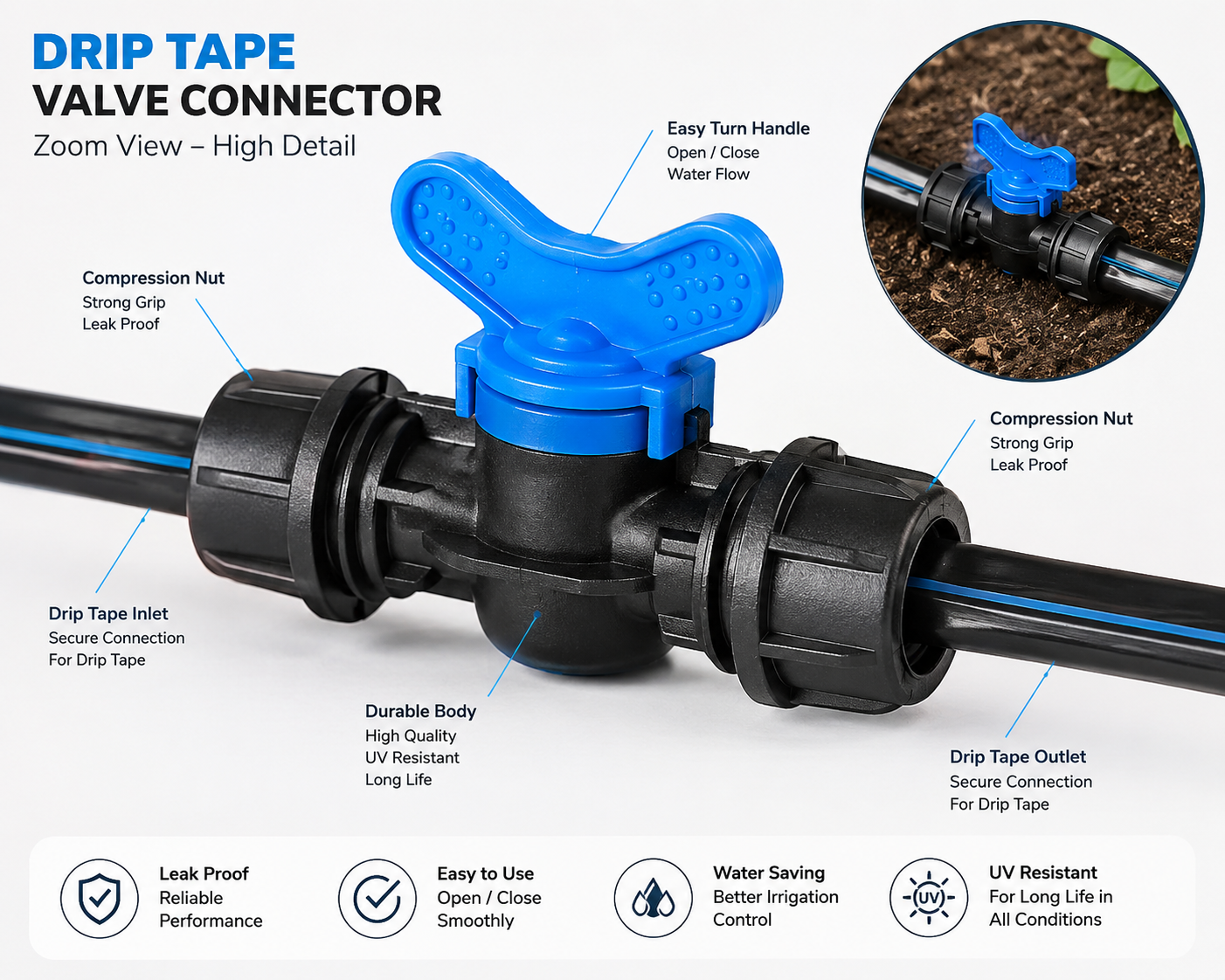 Drip Tape Valve Connector — Flow Control Connector for Drip Tape Irrigation