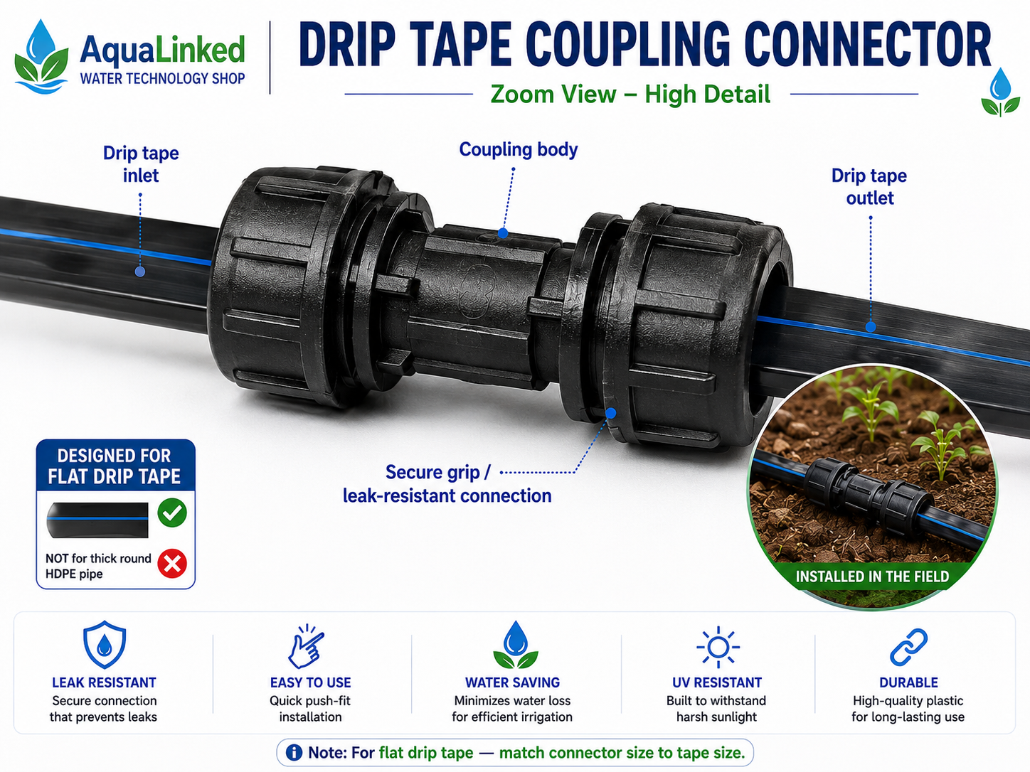 Drip Tape Coupling — Straight Connector for Flat Drip Tape Lines