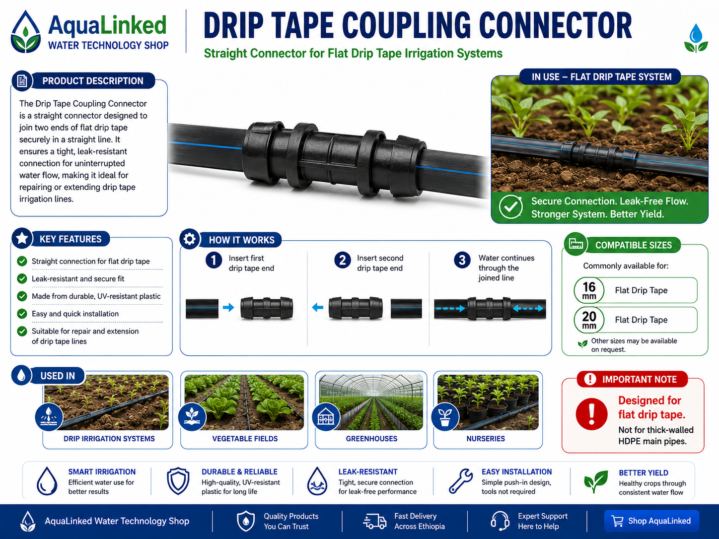 Drip Tape Coupling — Straight Connector for Flat Drip Tape Lines