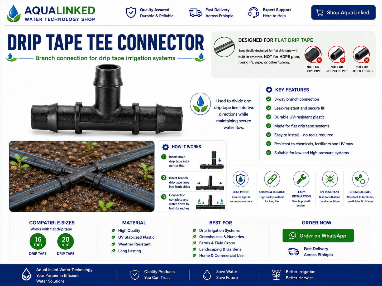 Drip Tape Tee — 3-Way Branch Connector for Flat Drip Tape Lines