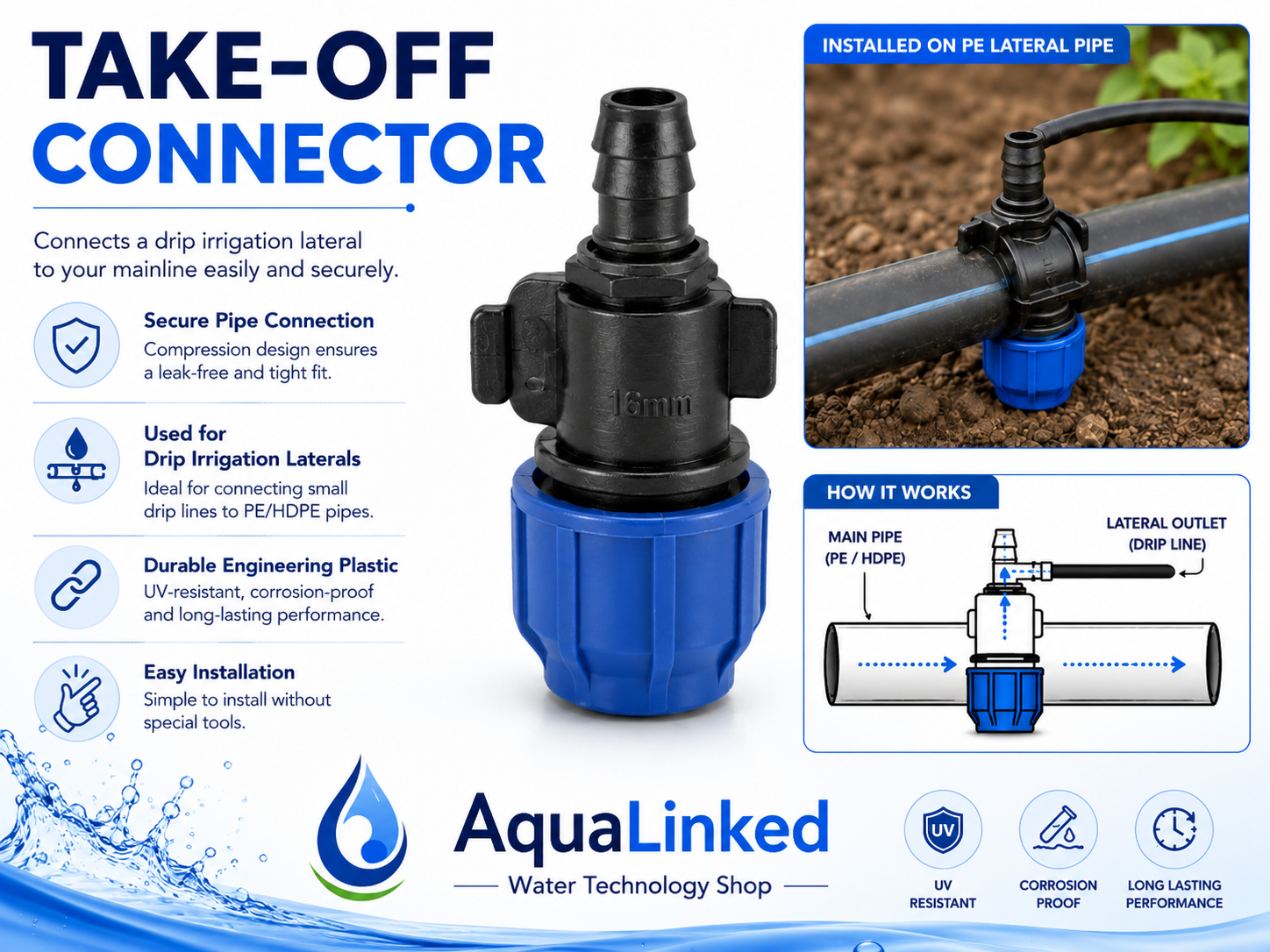 Take-Off Connector — Mainline Outlet for Drip Laterals and Micro Tubes