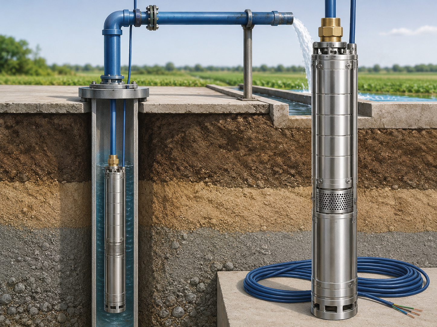Submersible borehole pump shown in installed and standalone form, illustrating how groundwater is lifted from inside a borehole or deep well to the surface.