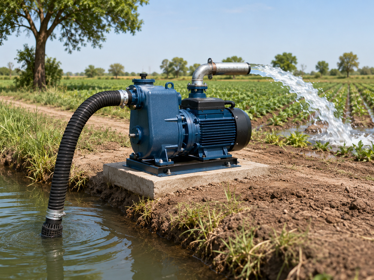 Self-priming surface pump drawing water from a shallow canal or pond and delivering it to a crop field, suitable for small farms, mobile irrigation, and surface-water sources where air may enter the suction line.