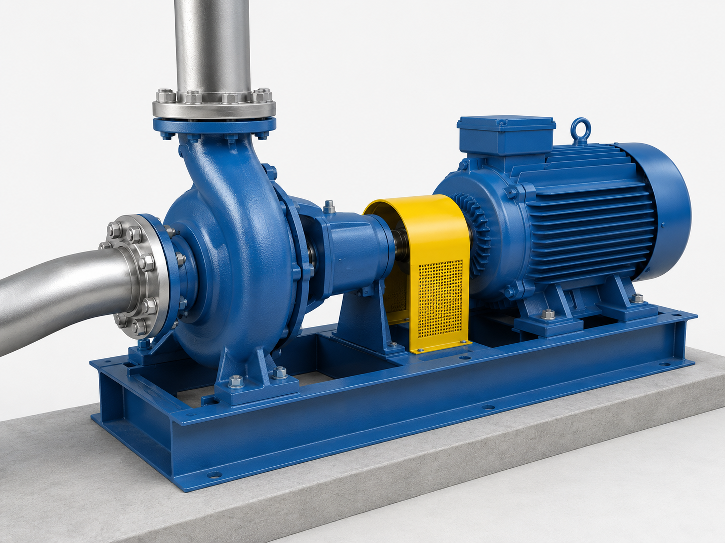 Centrifugal pump and electric motor assembly mounted on a base frame, showing the common pump type used to draw and push water through irrigation and water-supply pipelines.