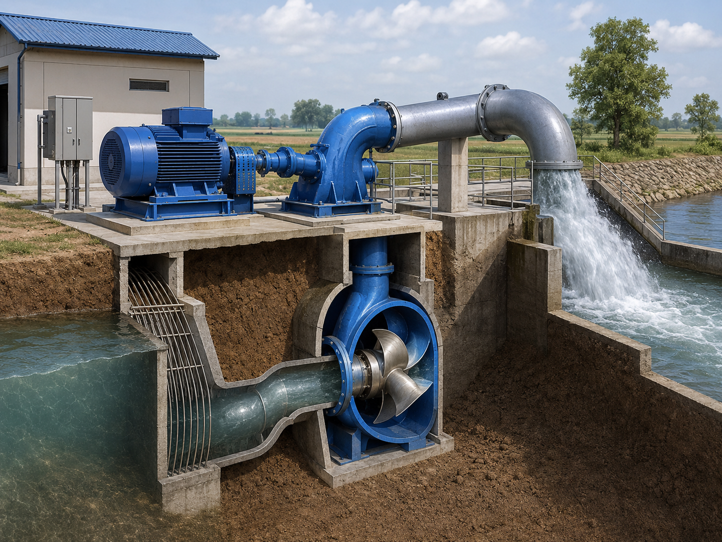 Mixed-flow pump installed at a canal pumping station, designed to move large volumes of water at moderate head for irrigation schemes, drainage systems, and large field water supply.