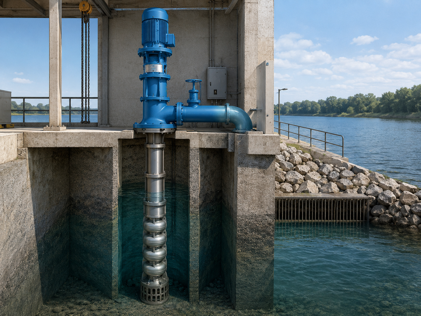 Vertical turbine pump installed in a water-intake structure, demonstrating how large quantities of water can be lifted from deep sumps, rivers, reservoirs, or wells.