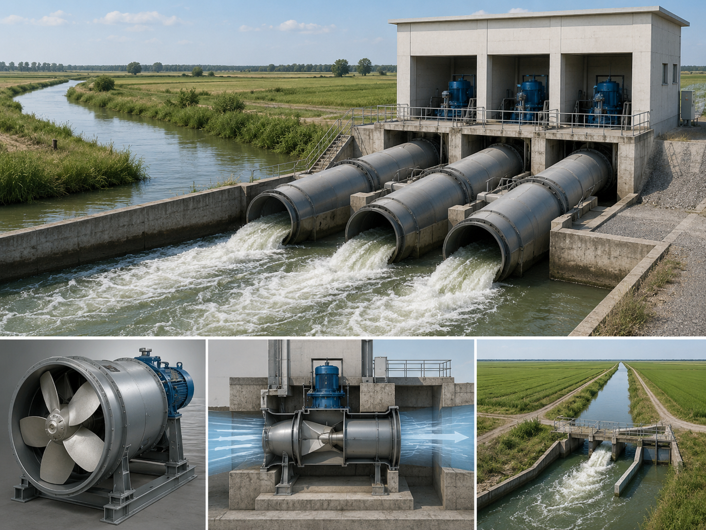 Axial-flow pump station for very high discharge at low head, commonly used in flat irrigation areas, drainage canals, flood-control systems, rice schemes, and low-lift water transfer.