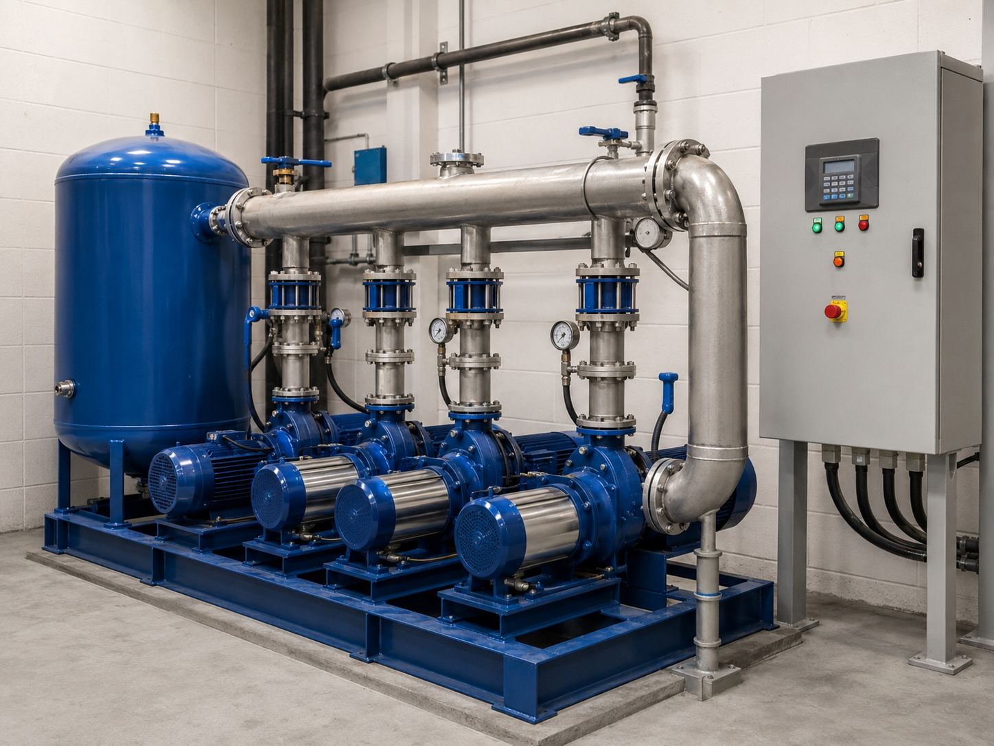 Booster pump station with pressure tank, manifold, and control system, used to increase water pressure in irrigation and water-distribution networks.