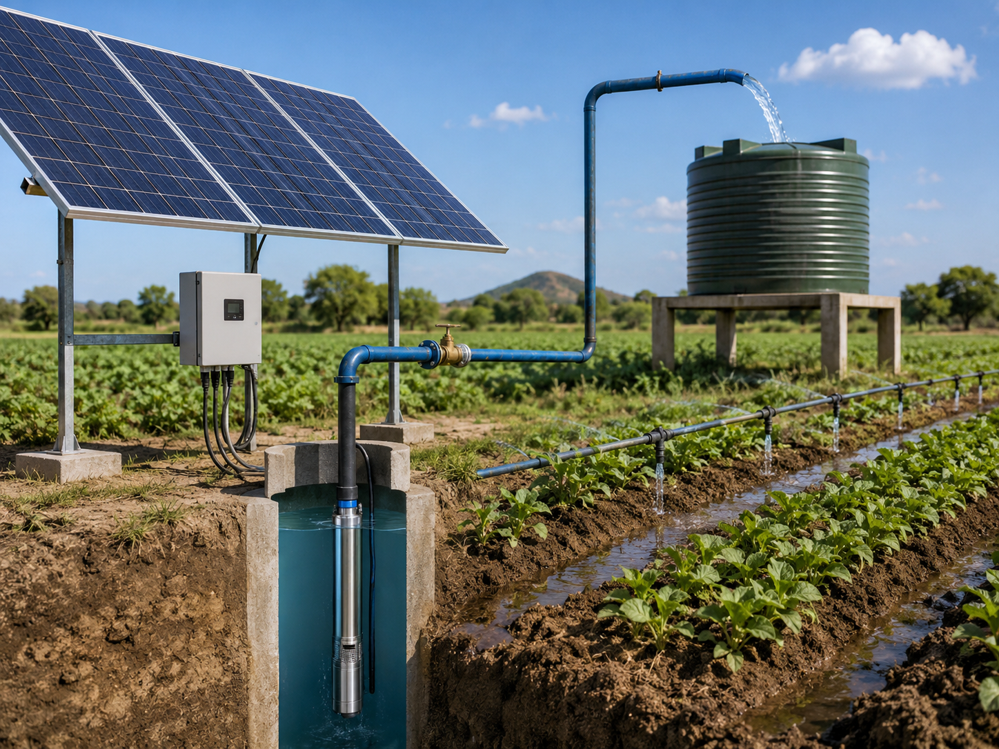 Solar-powered pumping system connected to a borehole, storage tank, and irrigated field, showing how solar energy can supply water for agriculture in remote areas.