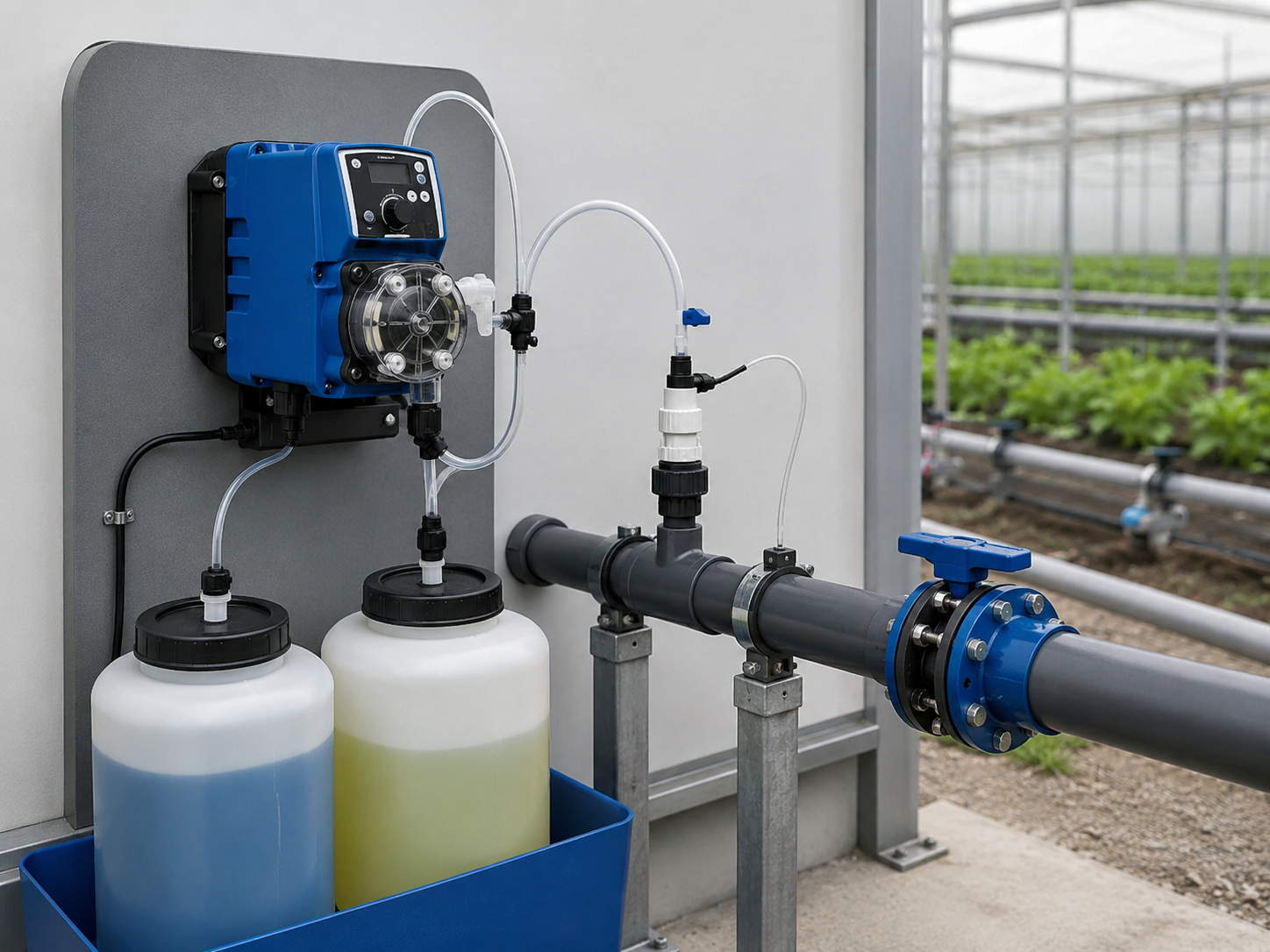 Dosing pump system used for accurate injection of fertilizers or treatment chemicals into irrigation or water-supply pipelines.