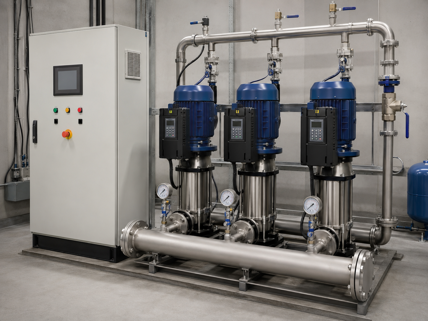 Variable-speed multistage pump set with control cabinet and drives, designed to regulate pump speed automatically according to changing flow and pressure demand.