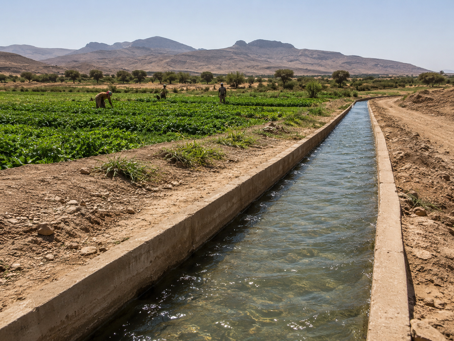 Concrete irrigation canal carrying Awash River water through semi-arid farmland, showing how controlled water delivery supports vegetable crops, smallholder production, and agricultural development in the Awash Valley.
