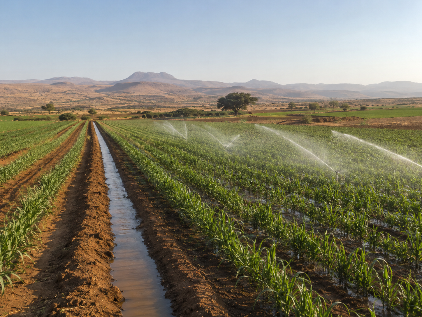 Sprinkler-irrigated farmland in the Awash Valley, representing the modernization of irrigation practices for crop production, water efficiency, and climate resilience in Ethiopia’s dryland agricultural corridor.