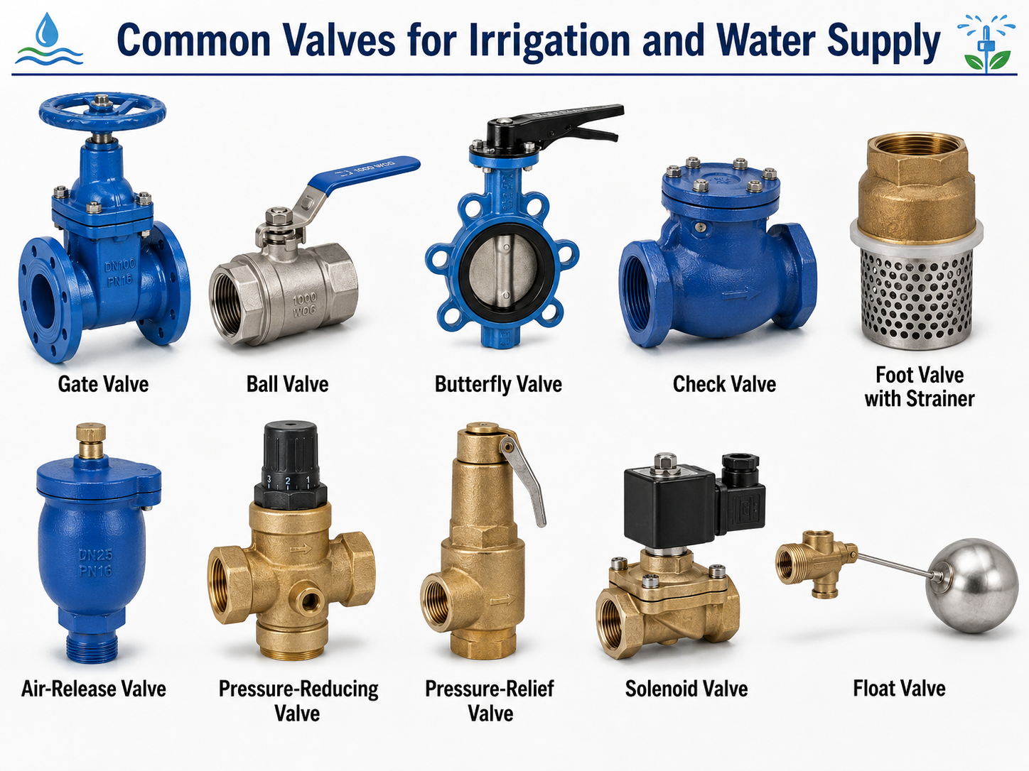 Common valves used in irrigation and water-supply systems, including isolation valves, pressure-control valves, check valves, air-release valves, solenoid valves, and float valves for safe and efficient hydraulic operation.