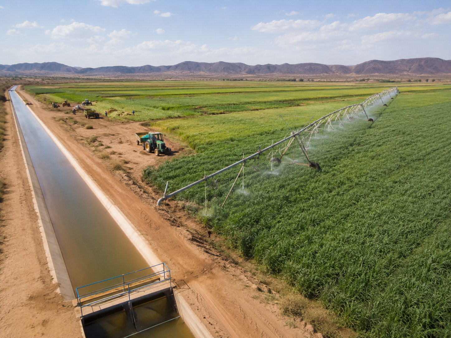 Irrigated fields under modern sprinkler systems in the Galana-Kulalu development area, representing Kenya’s effort to expand food production, improve climate resilience, and reduce dependence on rain-fed agriculture.