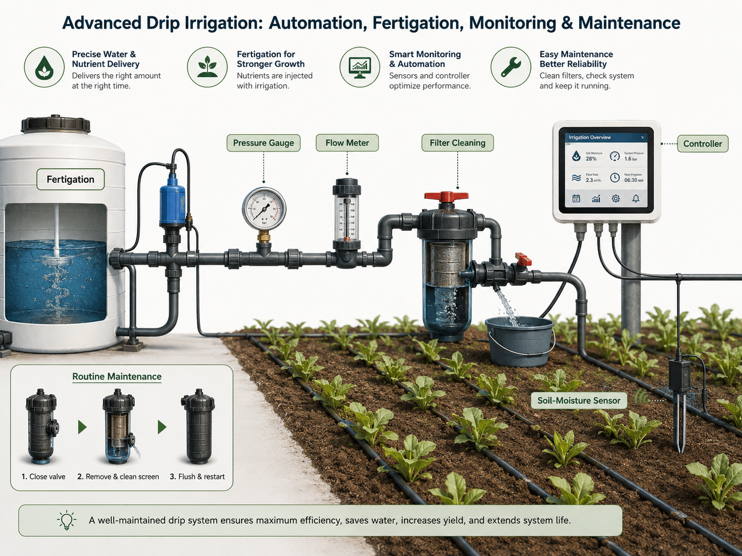 Solar-powered drip irrigation system in a vegetable field, showing how water is pumped, filtered, stored, and delivered through drip lines directly to crop rows. The image highlights the practical value of drip irrigation for African farms where solar energy, water saving, and reliable crop production are important.