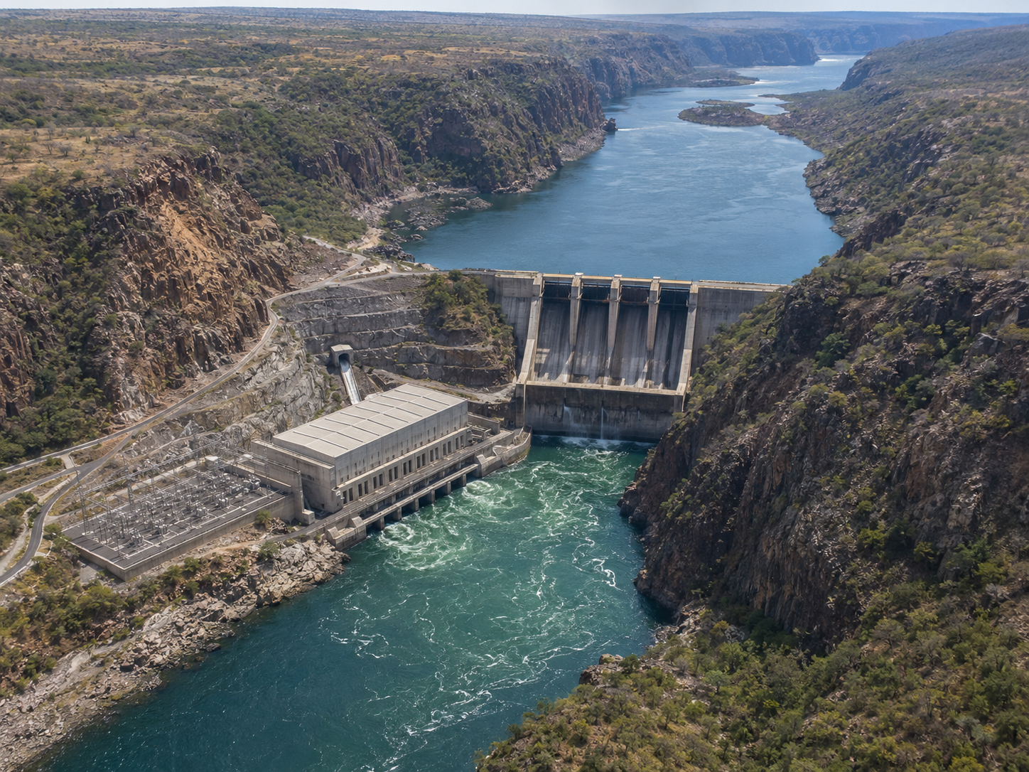 Batoka Gorge hydropower concept showing the Zambezi River flowing through a steep rocky canyon, with dam and power-generation infrastructure designed to support regional renewable electricity supply for Zambia and Zimbabwe