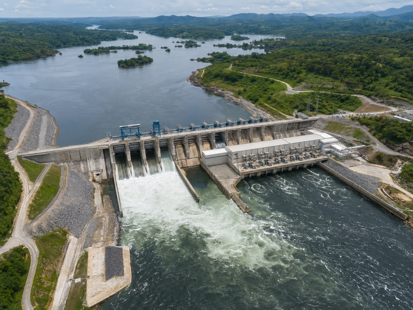 Nachtigal Hydropower Project on Cameroon’s Sanaga River, showing the dam, spillway gates, powerhouse, and controlled river flow that support renewable electricity generation for the national grid.