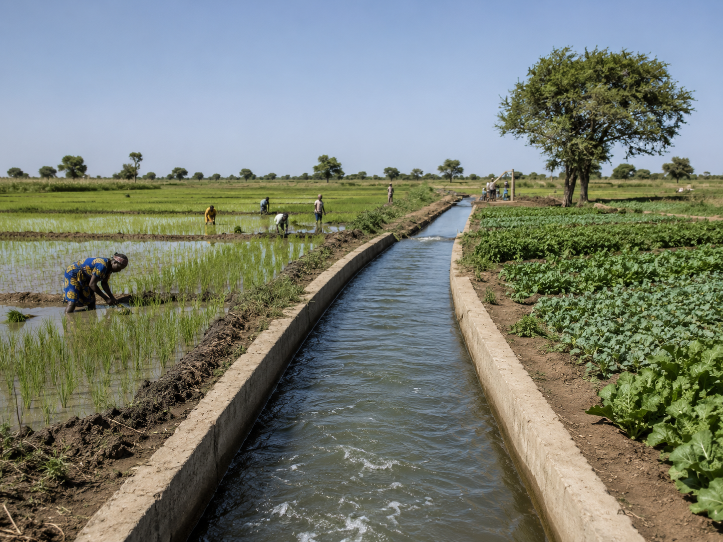 Irrigation canal and rice fields along the Senegal River Valley, showing how controlled water delivery supports farmers, vegetable production, and irrigated agriculture in the Senegal–Mauritania river corridor.