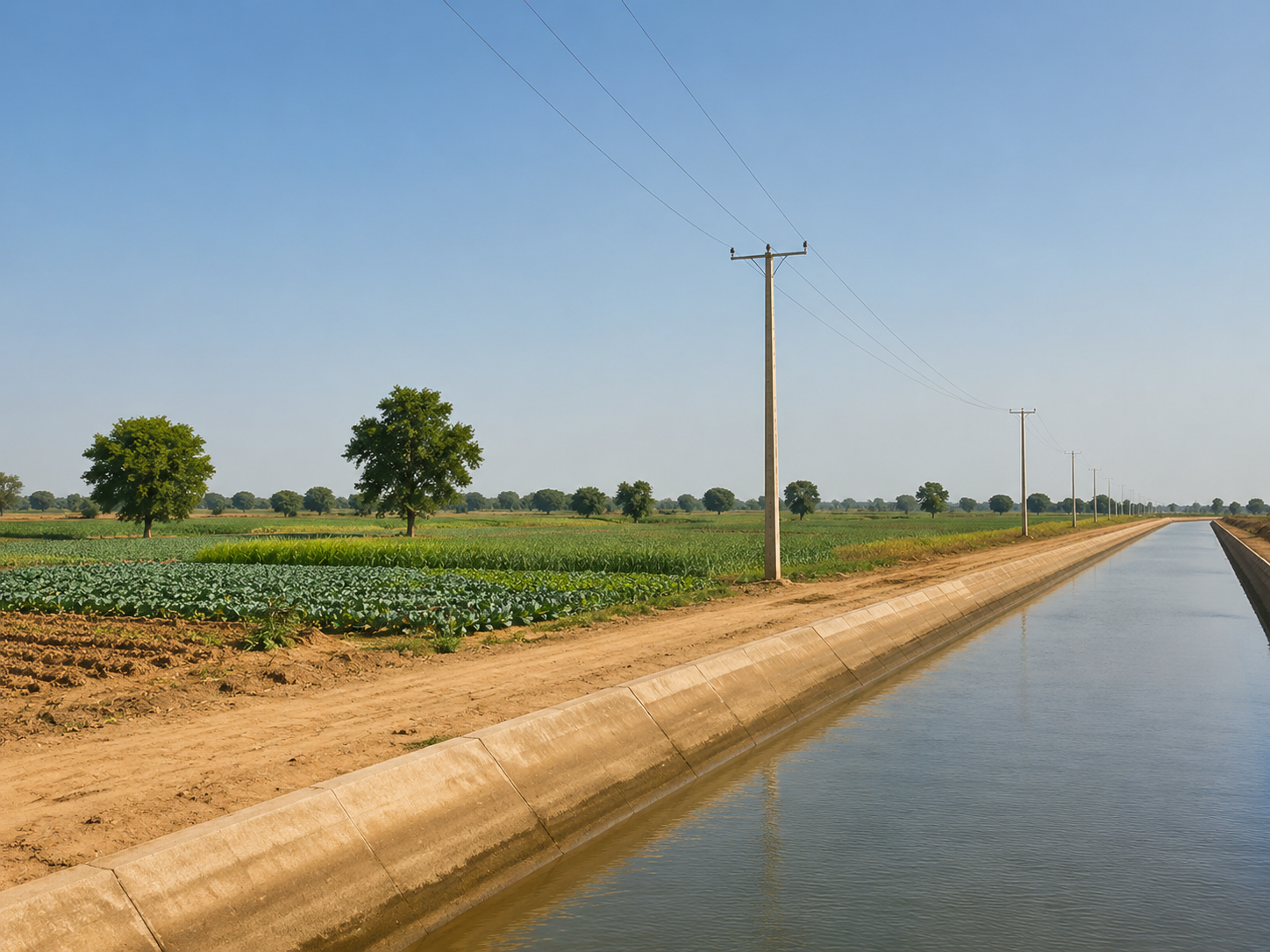 Irrigation canal and cultivated farmland linked to Niger’s wider Sahel water-development vision, showing how controlled water delivery can strengthen food production, livelihoods, and dry-season farming.