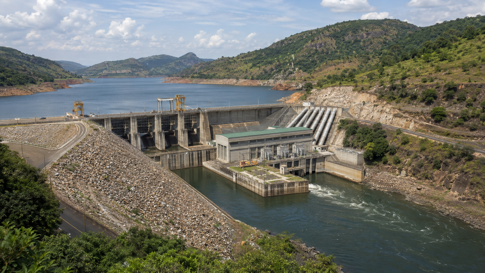 Hydropower generation on Malawi’s Shire River, showing how river flow, powerhouse infrastructure, and grid connections can work together to strengthen national electricity reliability.