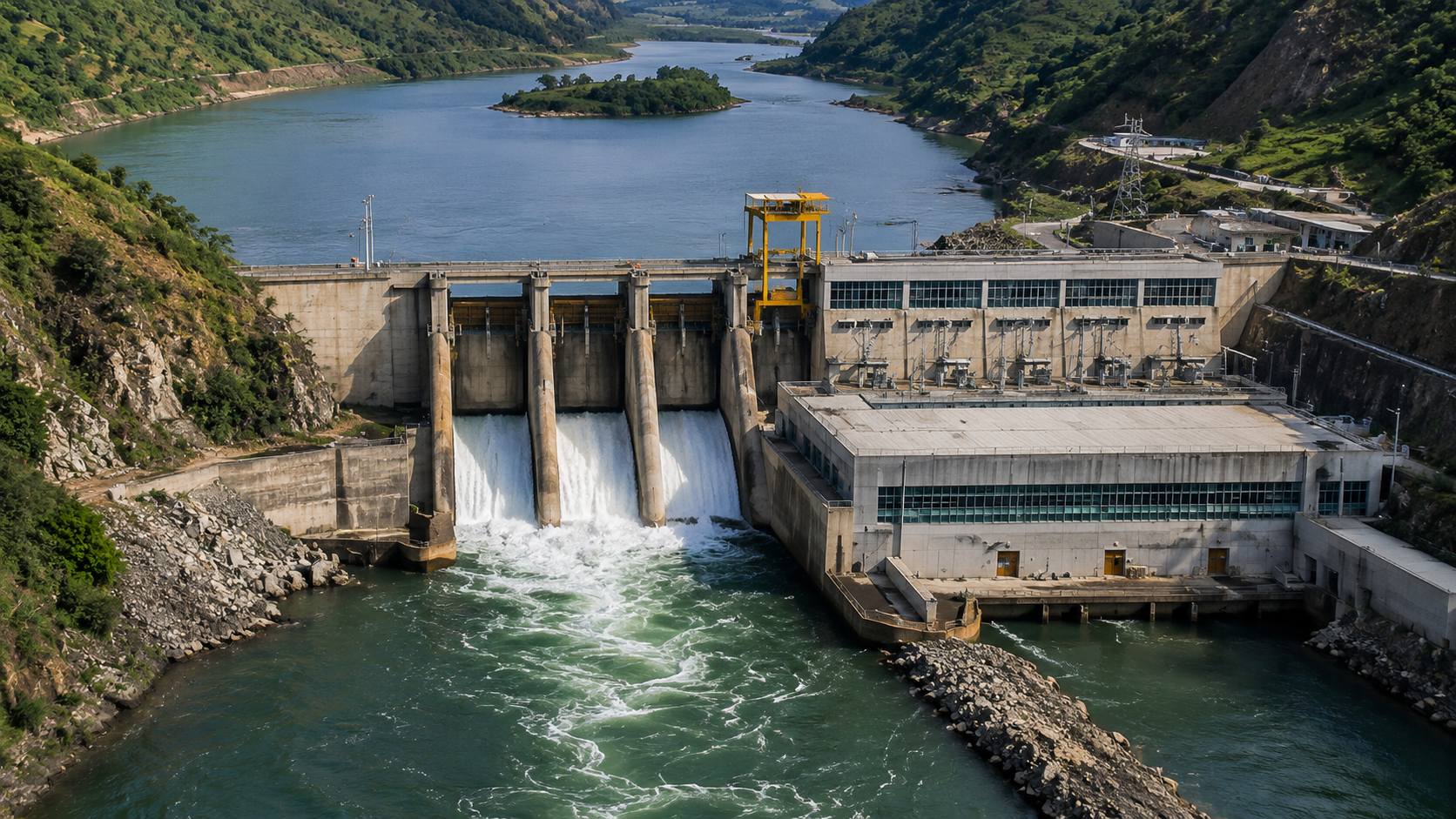 Close view of the Ruzizi III hydropower setting, showing the dam and powerhouse infrastructure planned to generate shared clean electricity for the Democratic Republic of Congo, Rwanda, and Burundi.
