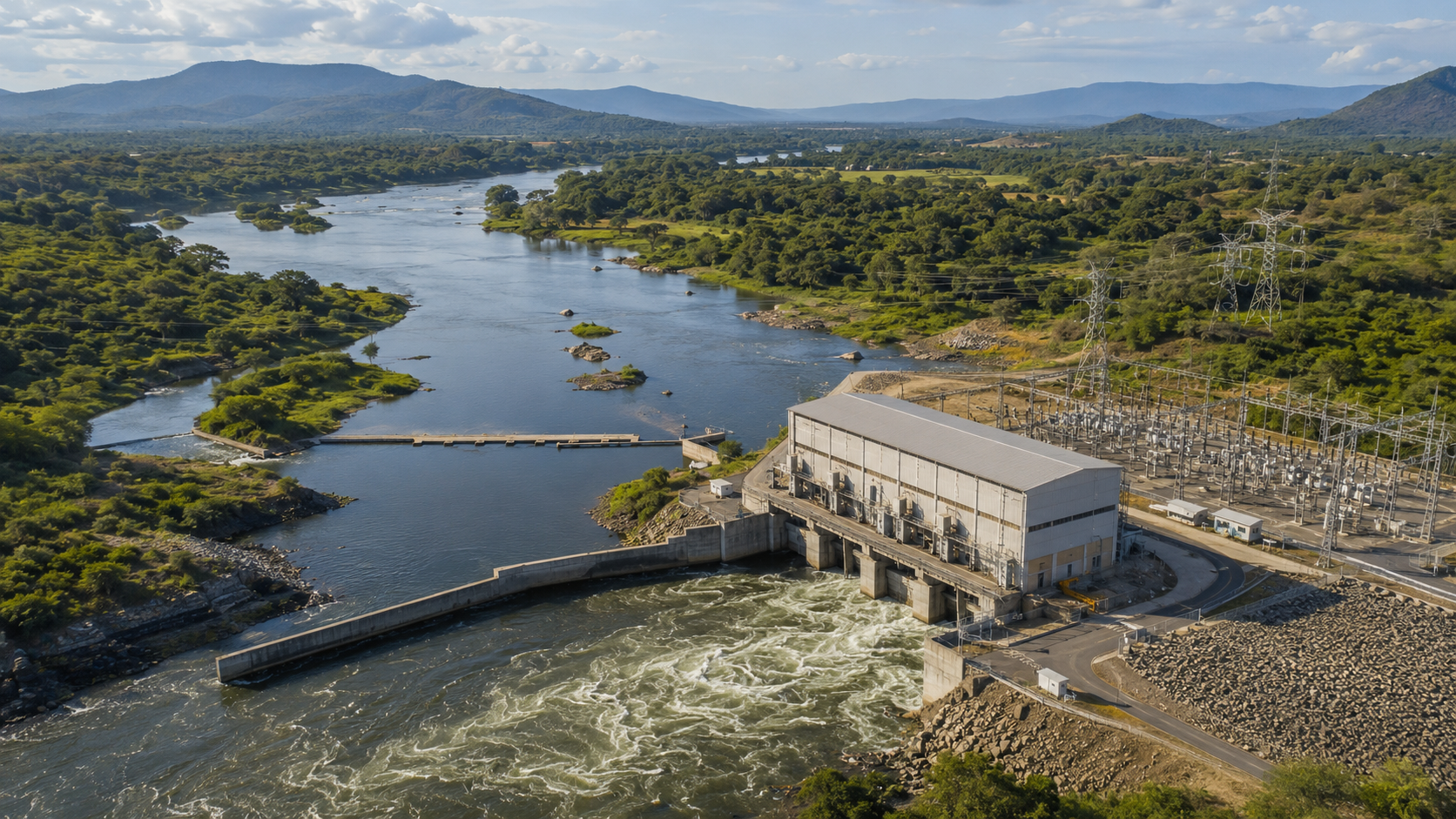 Aerial view of the Shire River hydropower landscape, highlighting the role of storage, controlled releases, and transmission infrastructure in supporting Malawi’s clean-energy future.
