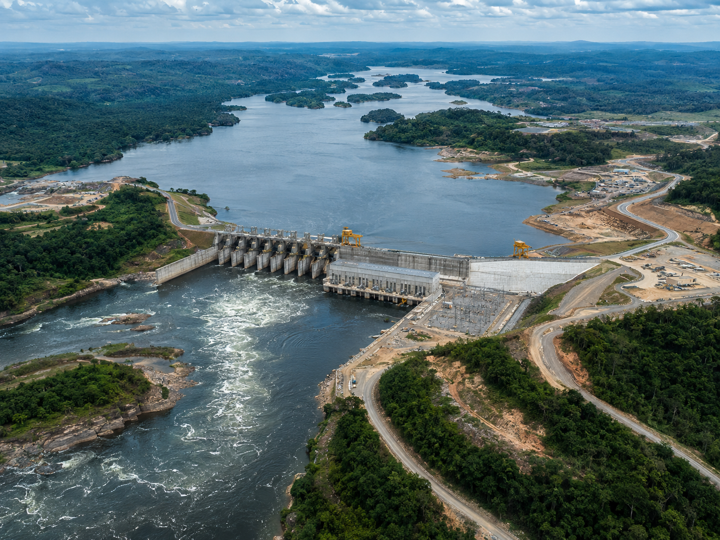 Aerial view of the Sanaga River corridor and Nachtigal hydropower zone, highlighting the reservoir, river landscape, powerhouse area, access roads, and major infrastructure footprint of Cameroon’s 420 MW project.