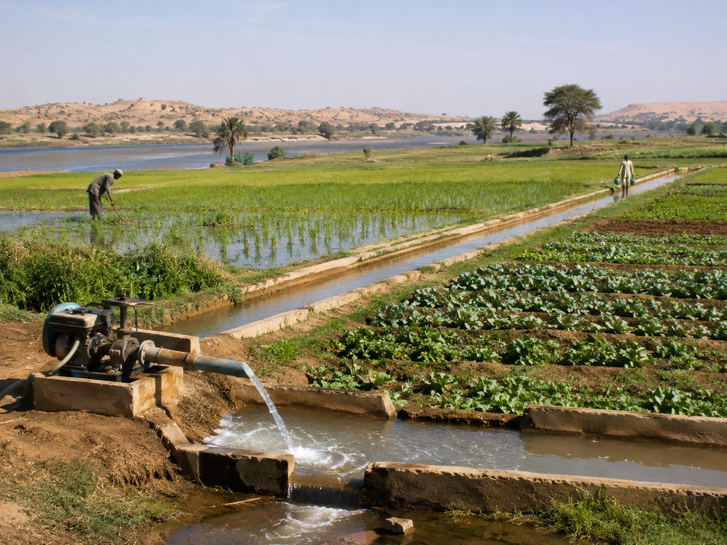Small-scale irrigated farming beside the Senegal River, representing the role of river water, canals, and pumping systems in strengthening food security and rural livelihoods in the valley.