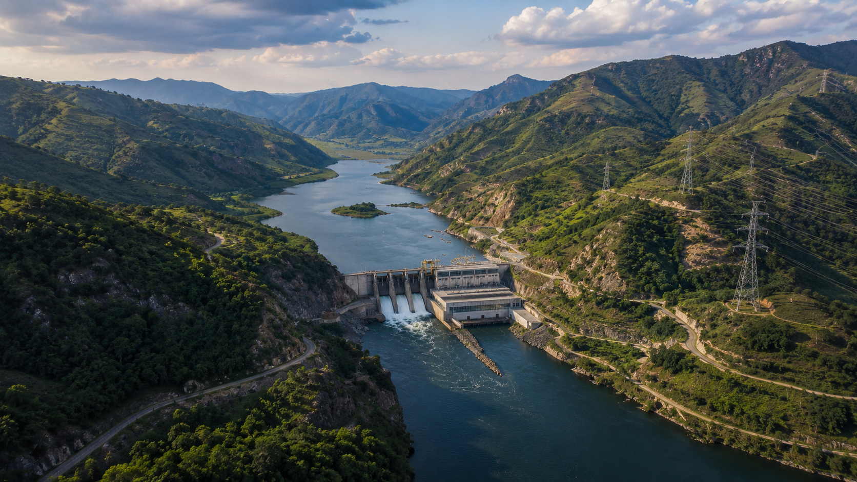 Wide aerial view of the Ruzizi River valley, highlighting the cross-border landscape where shared water resources can support regional energy cooperation and long-term development in the Great Lakes region.