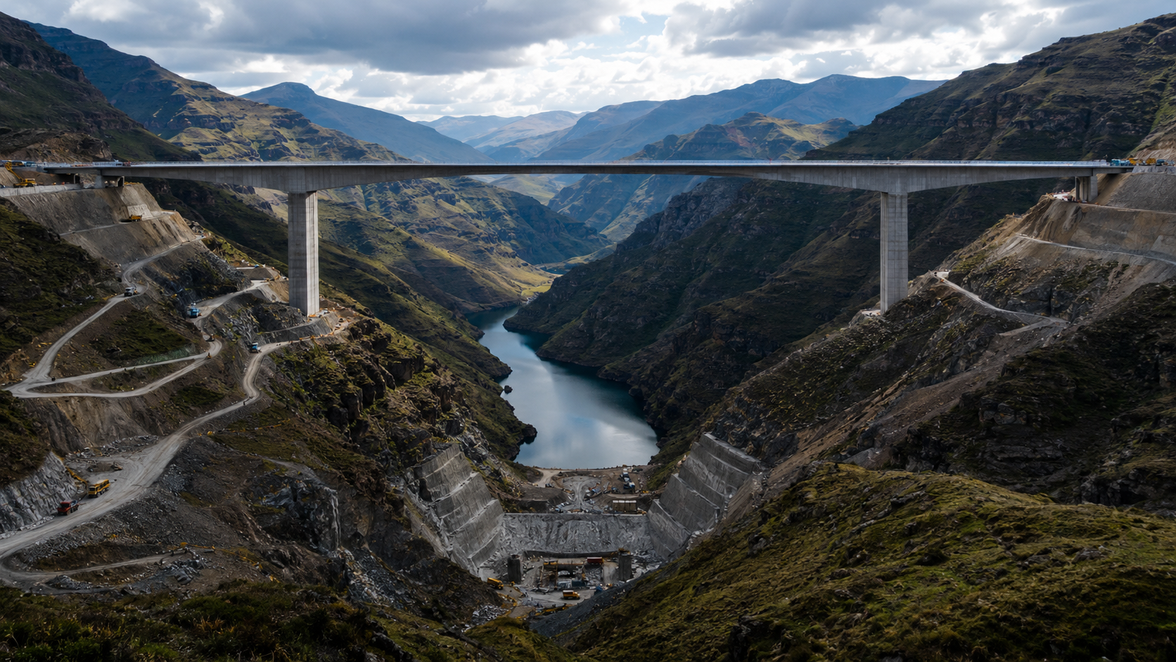 Highland bridge and access infrastructure under construction for the Lesotho Highlands Water Project Phase II, showing the scale of mountain engineering needed to support the Polihali Dam and reservoir system.