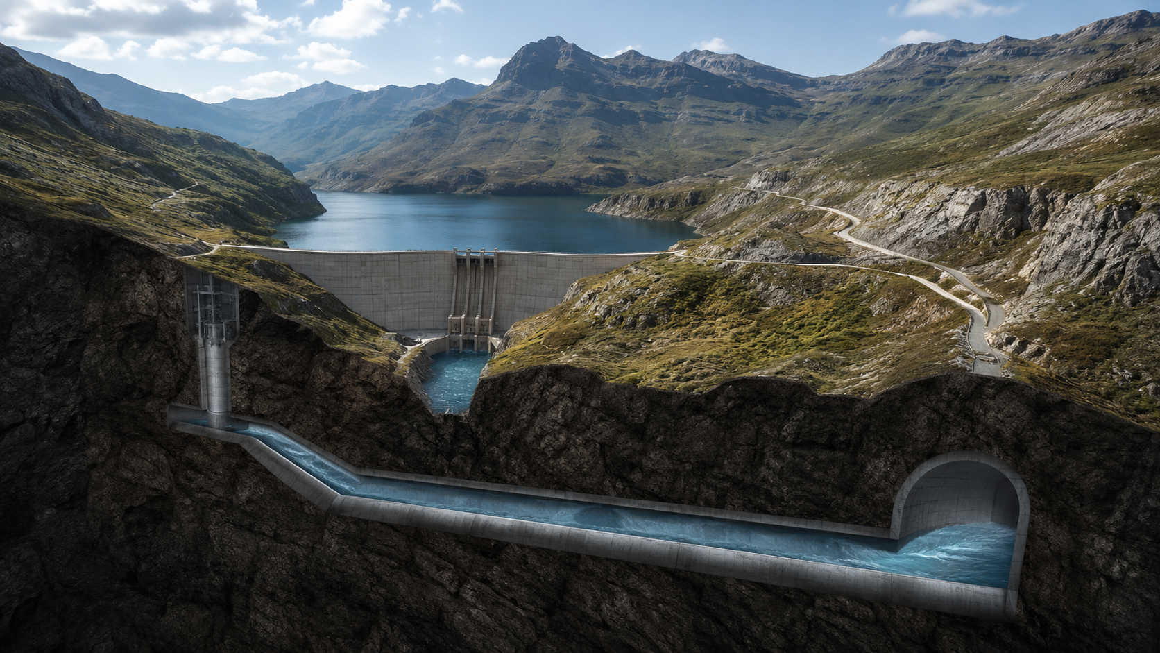 Conceptual view of the Polihali water-transfer system, illustrating how stored highland water can move through engineered tunnels and reservoirs to strengthen regional water security in Southern Africa.