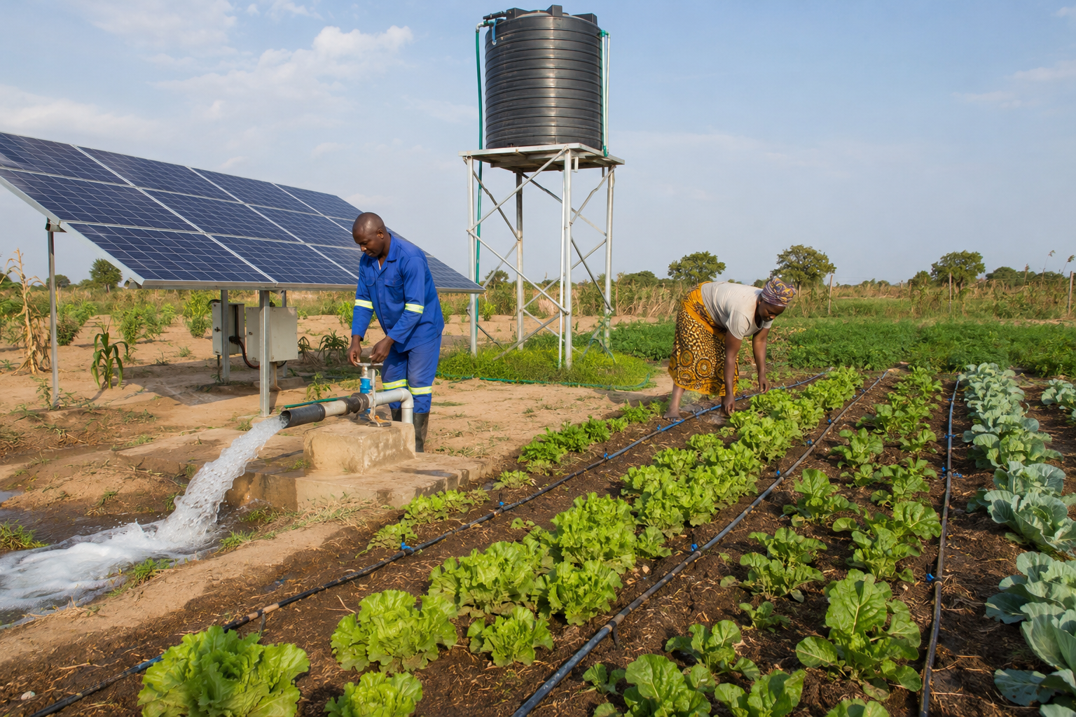 Solar-powered pumps can help farmers irrigate fields in areas where grid electricity is limited, reducing dependence on diesel fuel and supporting climate-resilient agriculture.