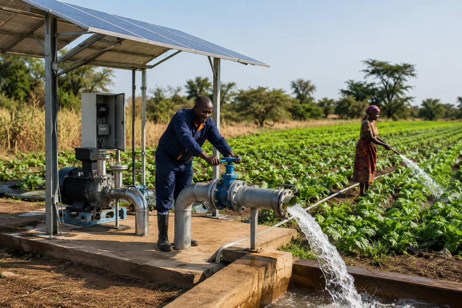 A farmer tending vegetable crops supplied by a modern pump-and-drip irrigation system, showing how reliable water delivery supports small-scale agricultural production.