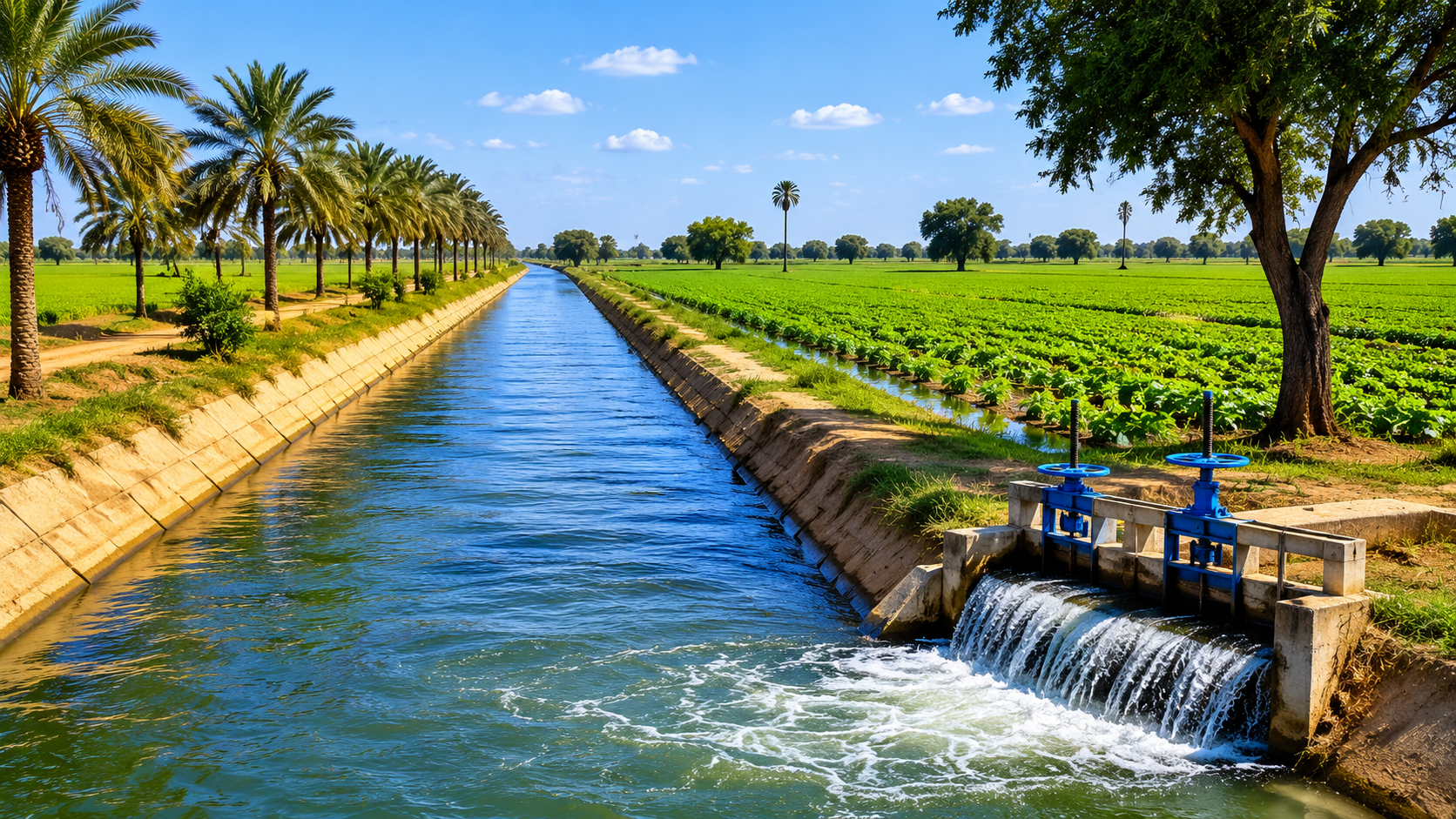 A gravity-fed irrigation canal in the Gezira Scheme, showing controlled water flow from the Blue Nile system into cultivated fields across Sudan’s historic agricultural plain.