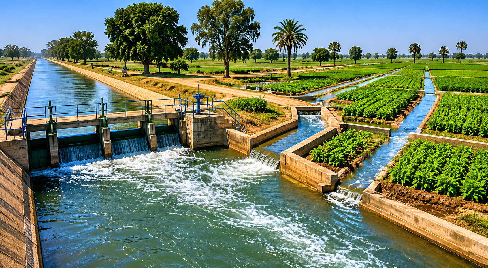 Canal water moving through the Gezira irrigation network, where gravity-fed surface irrigation supports crop production, rural livelihoods, and Sudan’s long tradition of large-scale agricultural water management.