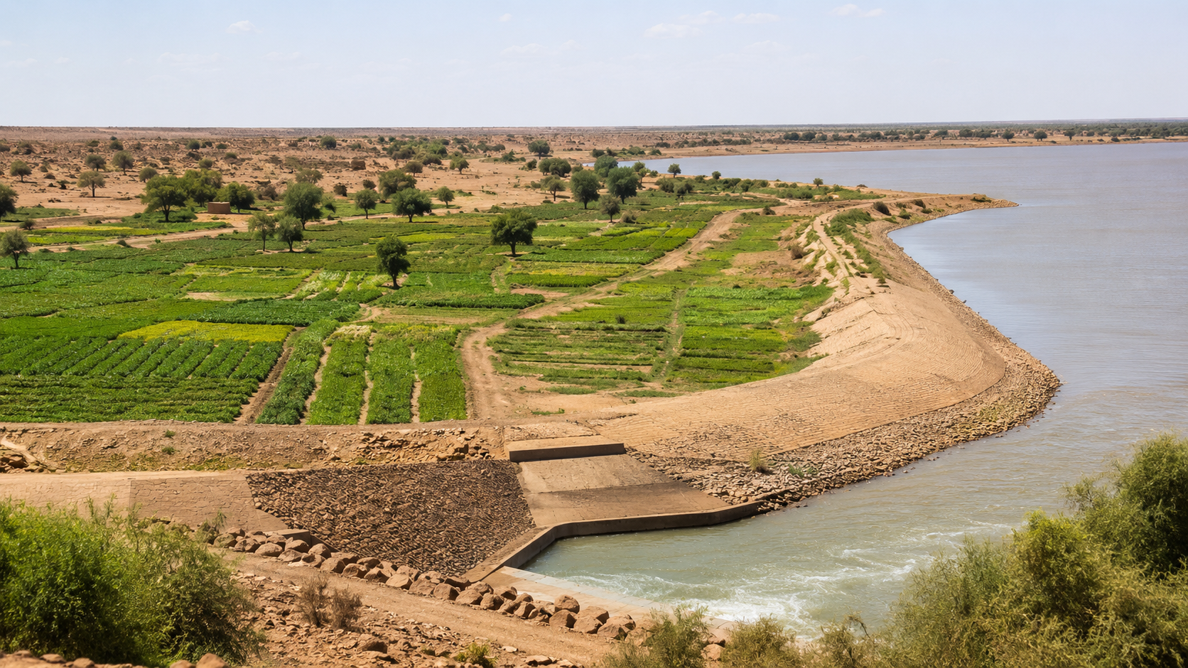 Green irrigated farmland beside a regulated river-reservoir landscape, showing how Kandadji aims to connect Niger River water management with food security, livelihoods, and climate resilience.