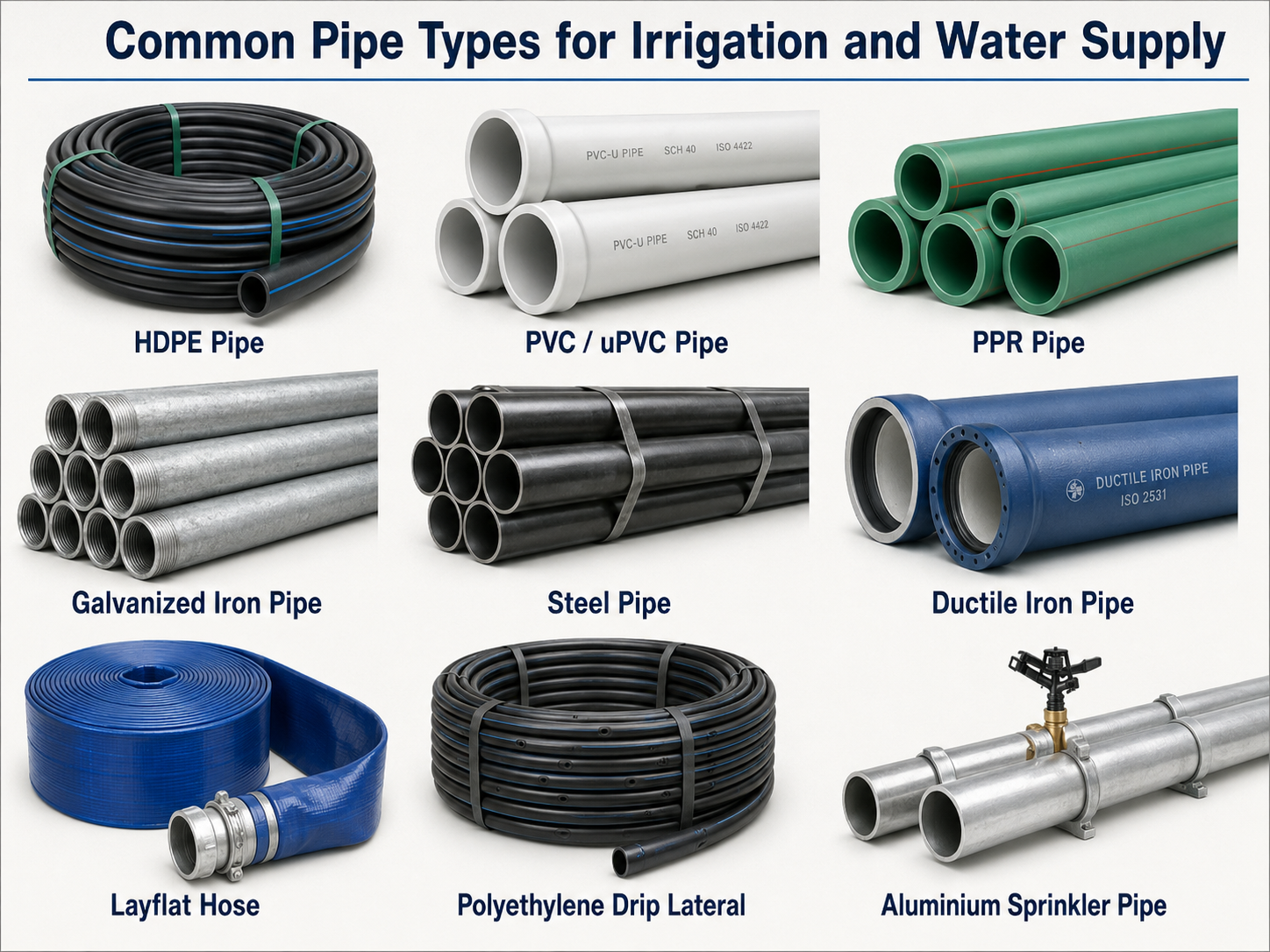 Common valves used in irrigation and water-supply systems, including isolation valves, pressure-control valves, check valves, air-release valves, solenoid valves, and float valves for safe and efficient hydraulic operation.