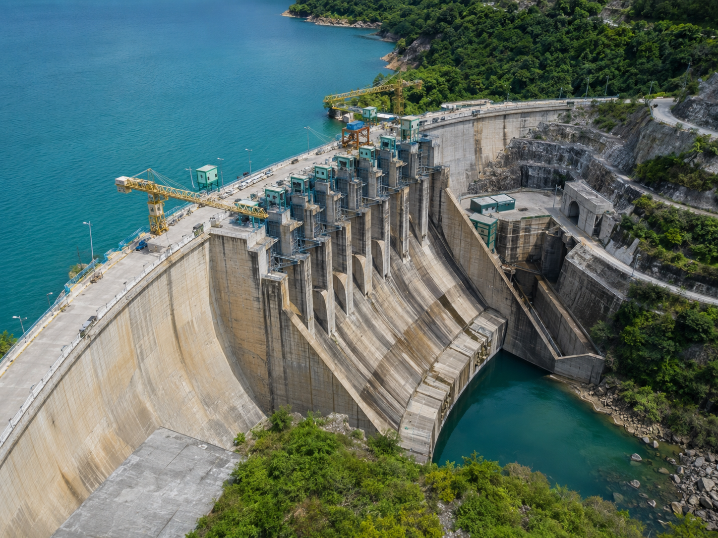 Aerial view of the Julius Nyerere Hydropower Project, showing the vast dam structure, reservoir setting, and the large-scale engineering works on the Rufiji River.